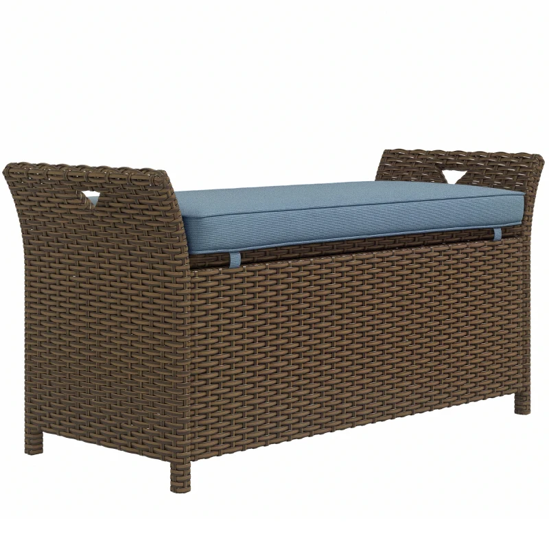 Outsunny Outdoor Patio Wicker Storage Bench, 2-In-1 Rattan Patio Furniture, 29 Gal Storage Box w/ Cushion, Dark Blue