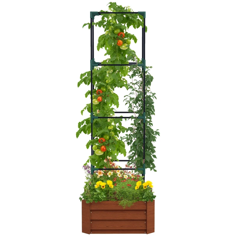 Outsunny Galvanized Planter Box, 24" x 24" x 73.5" Raised Garden Bed with Tomato Cage for Climbing Vines, Brown