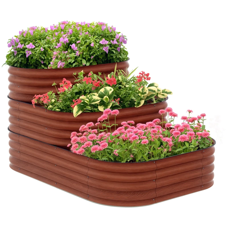 Outsunny 3-Tier Raised Garden Bed Set w/ Safety Edging, Open Bottom for Vegetables, Herbs, Flowers, 62.25" x 43" x 32.25", Brown