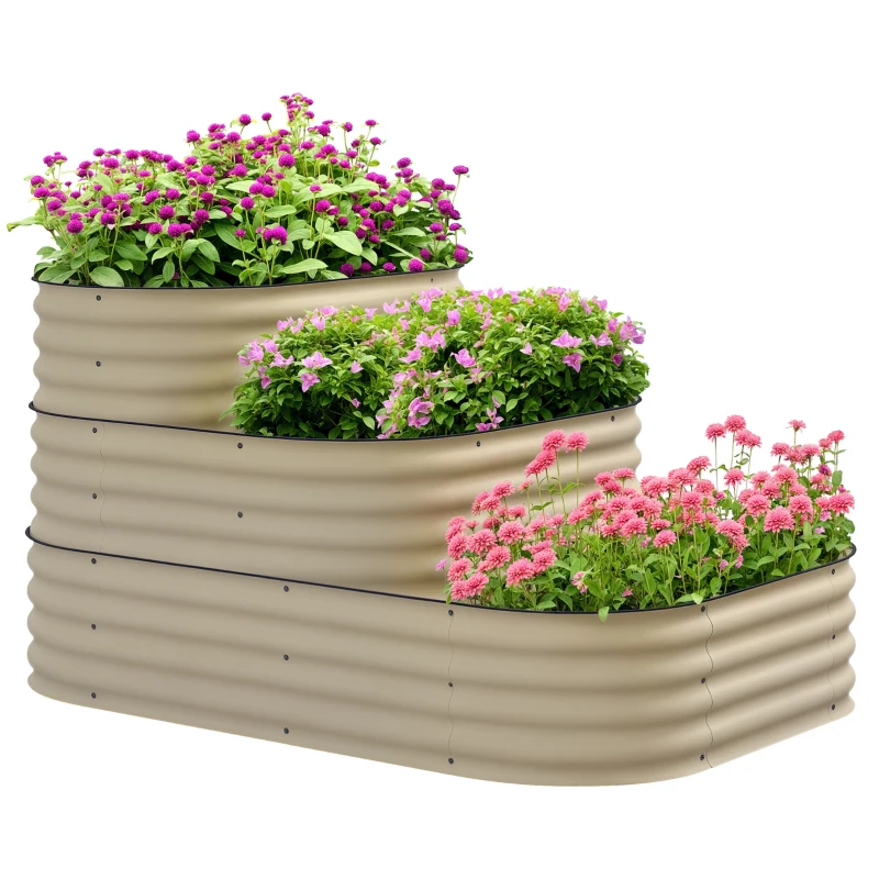 Outsunny 3-Tier Raised Garden Bed Set w/ Safety Edging, Open Bottom for Vegetables, Herbs, Flowers, 62.25" x 43" x 32.25", Cream