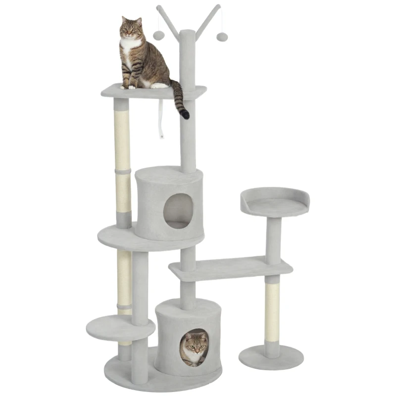 PawHut 73.5" Cat Tree Tower with Scratching Posts, Condos, Bed, Multi-Level Platforms, Toy Balls, for Indoor Cats, Light Grey