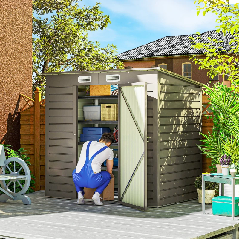Outsunny 6 x 4FT Galvanized Garden Storage Shed, Metal Outdoor Shed with Double Doors and 2 Vents, Light Grey