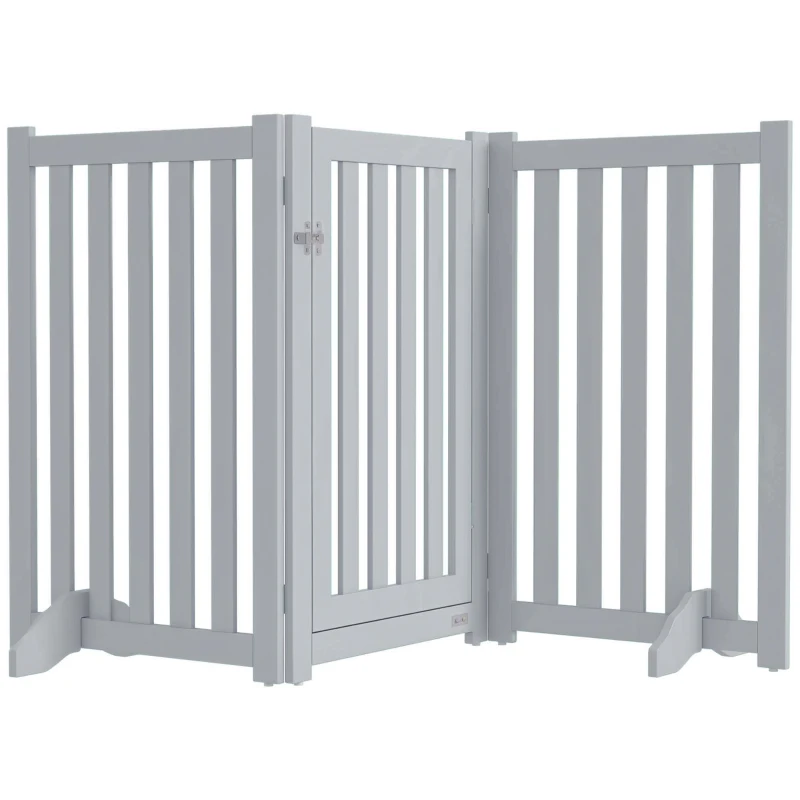 PawHut 3-Panel Foldable Dog Gate with Feet for Medium Dogs and Below, Grey