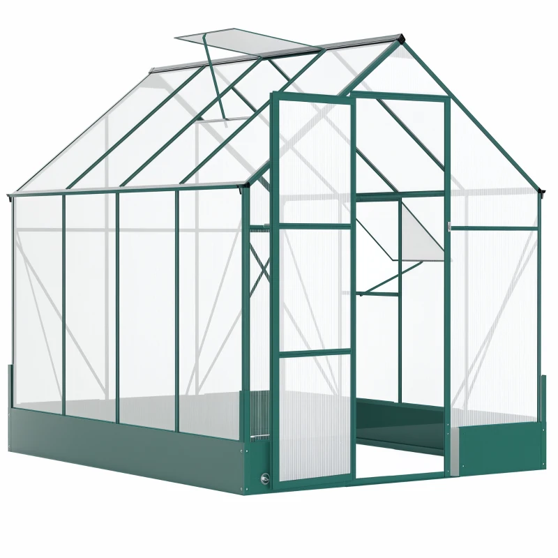 Outsunny 8' x 6' Greenhouse for Outdoors, Polycarbonate Greenhouse with Roof Vent and Rain Gutter, Aluminum Walk-in Green House for Outside for Patio Backyard Garden, Green