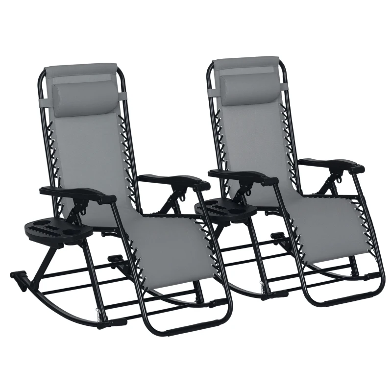 Outsunny 2 Outdoor Rocking Chairs Foldable Reclining Zero Gravity Lounge Rockers w/ Pillow Cup & Phone Holder, Gray