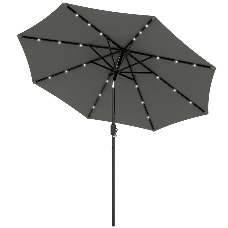 Outsunny 8.8 ft Solar Powered Outdoor Patio Umbrella Round Market Table Umbrella with Adjustable LED Lights Tilt Crank Dark Grey