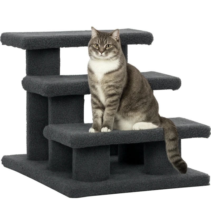 PawHut 3 Tier Pet Stairs Dog Cat Step Scratch Post Furniture,  Dark Grey