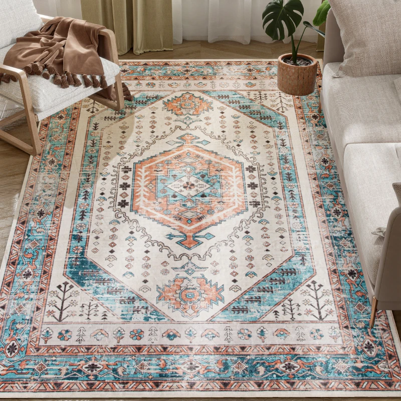 HOMCOM 5x7 Area Rug, Vintage Machine Washable Rug, Non-Slip Floor Carpet for Living Room, Bedroom, Dining Room, Brown and Blue