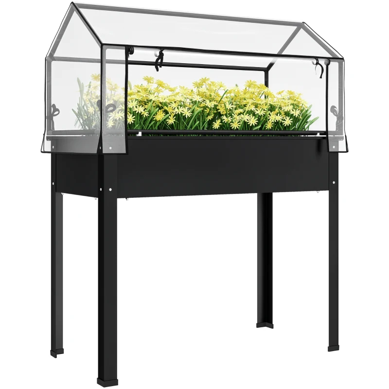 Outsunny Elevated Garden Box with Greenhouse Cover, Raised Garden Bed with Legs and Drainage Hole for Vegetables, Black