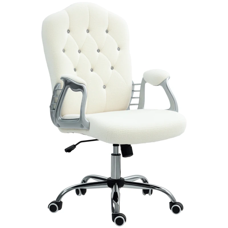 Vinsetto Teddy Fleece Computer Chair, Button Tufted Desk Chair with Swivel Wheels, Adjustable Height White
