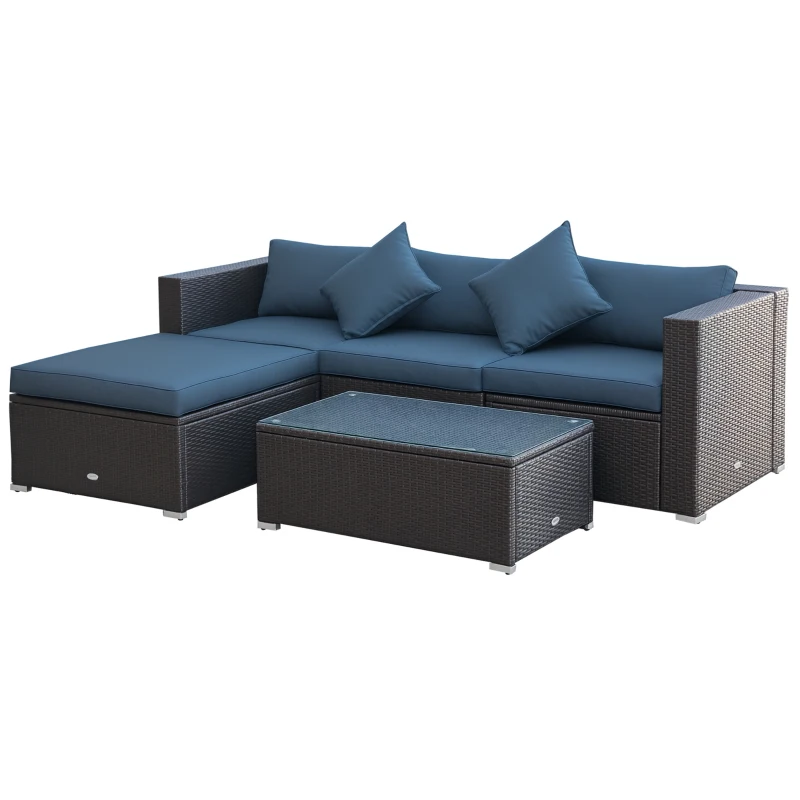 Outsunny 5-Piece Patio Furniture Set with Cushions, Outdoor PE Rattan Wicker Sofa Set, Sectional Furniture with Pillows, Glass Coffee Table for Garden, Backyard, Coffee/Blue