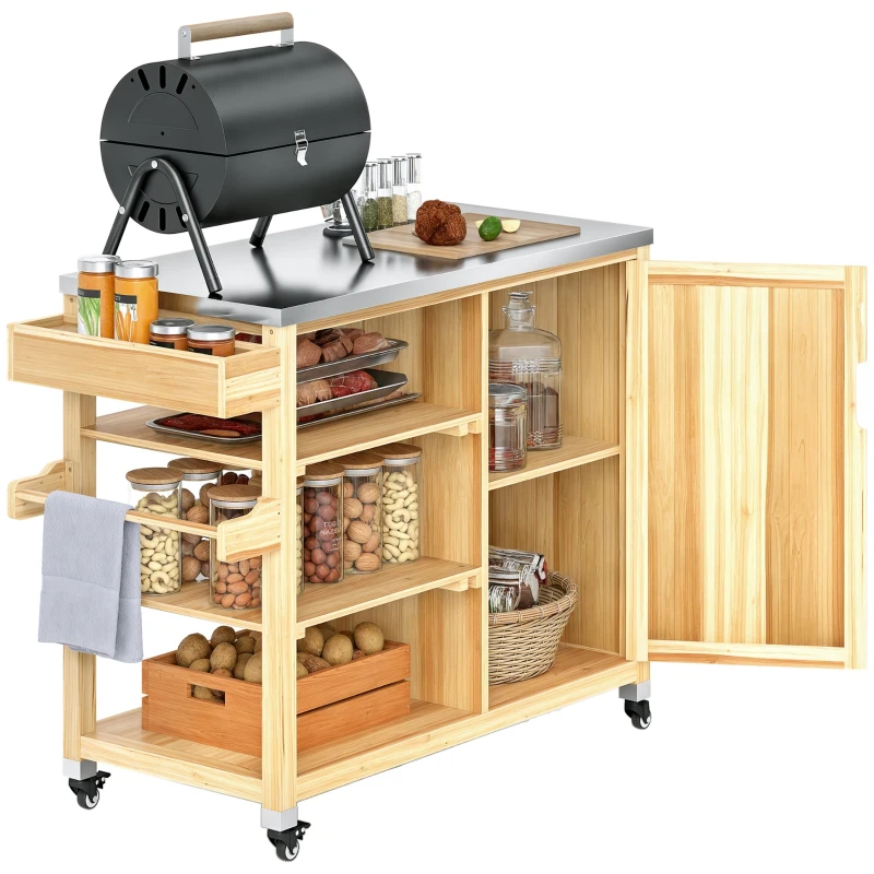 Outsunny Outdoor Grill Cart with Stainless Steel Top, Solid Wood Outdoor Kitchen Island with Wheels, Natural Wood