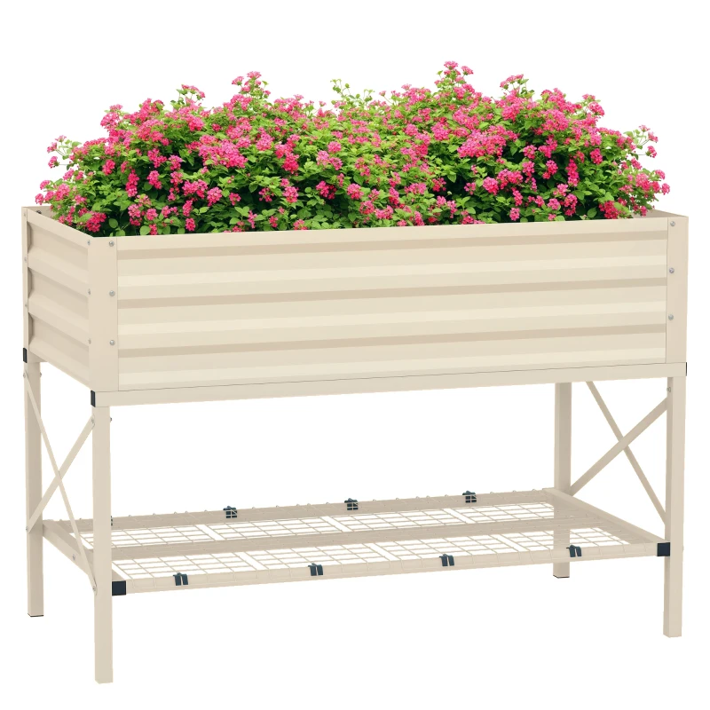 Outsunny Galvanized Raised Garden Bed, Metal Planter Box with Legs, Storage Shelf and Bed Liner, Cream