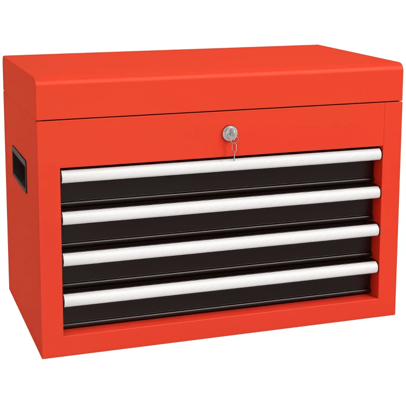 DURHAND Portable Tool Chest with 4 Drawers and Top Storage, Lockable Steel Tool Box with Latch and Keys for Garage, Red