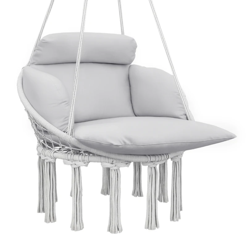 Outsunny Hammock Swing Chair, Macrame Hanging Chair with Large Cushion, Chain, Steel Frame for Indoor Outdoor Use, Gray