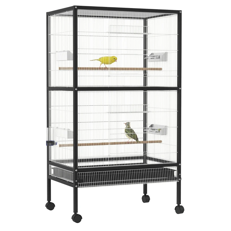 PawHut Bird Cage Conure Parrot Budgie Cage with Bird Perch & Wheels, Black and White