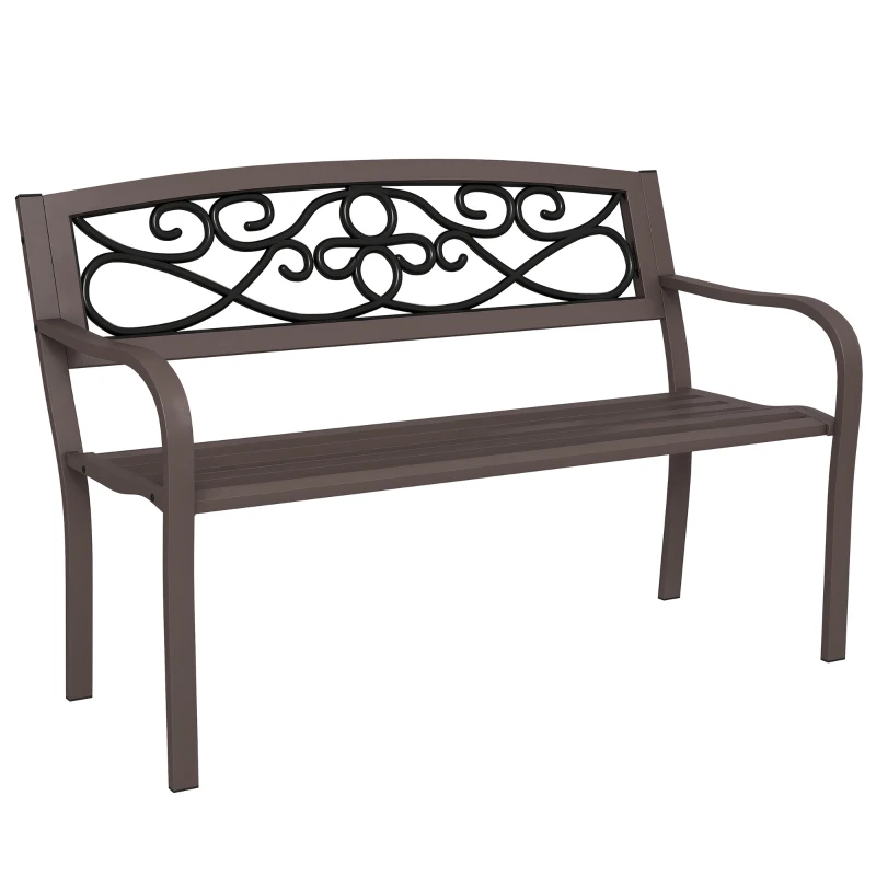 Outsunny 50" Outdoor Bench, Metal Garden Bench with Floral Pattern Backrest, Porch Bench with Slatted Seat for Park, Yard, Lawn, Brown
