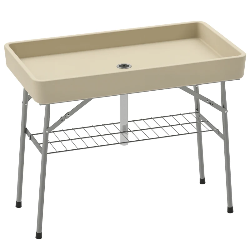 Outsunny 3.4ft Folding Ice Cooler Table with Drain, Fill and Chill Table Outdoor Table Cooler with Storage Shelf, Drink Cooler for Parties Picnic BBQ Camping Wedding, Tan
