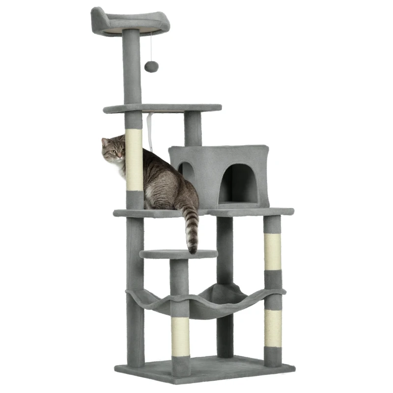PawHut Tall Cat Tree for Indoor Cats, 56" Multi-Level Cat Tower with Hammock, Cat Bed, Cat Condo with Sisal Scratching Posts, Grey