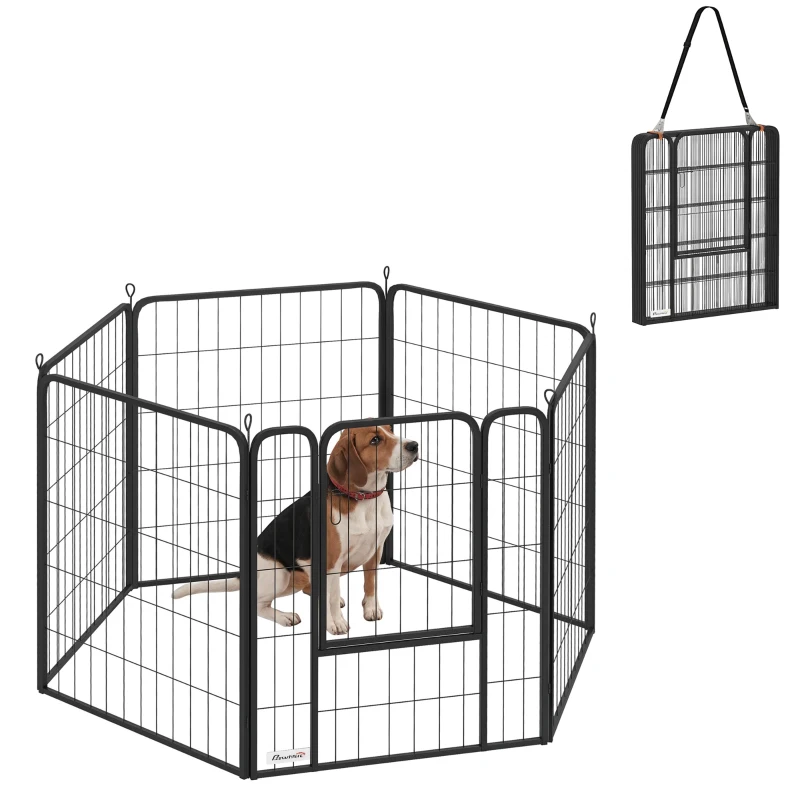 PawHut 6 Panels Heavy Duty Dog Playpen Outdoor Indoor with Door & Strap, 31.5" Height Portable & Foldable Pet Playpen