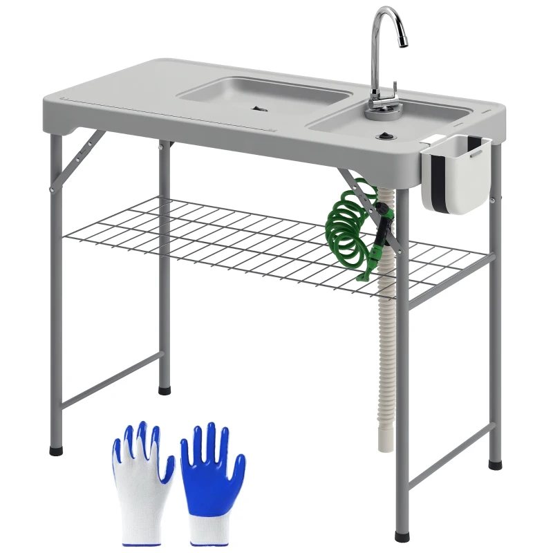 Outsunny Folding Fish Cleaning Table with Sinks, Portable Camping Sink Table with Faucet, Drainage Hose, Sprayer, Shelf, Drawer and Storage Basket, Outdoor Fillet Table for Picnic Beach Patio, Gray