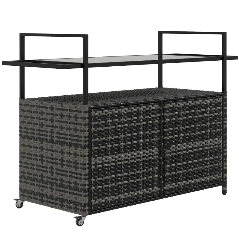 Outsunny 2-Tier Shelf PE Rattan Outdoor Bar Table, Glass Top Patio Serving Cart with Cabinet, Mixed Gray
