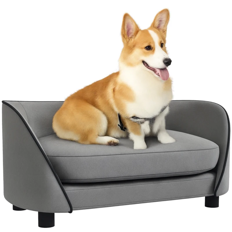 PawHut Pet Sofa Dog Couch for Small to Medium Sized Dogs with Soft Cushion, Removable Washable Cover, Velvet Touch, Grey