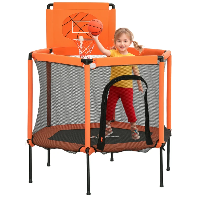 Qaba 48" Kids Trampoline  with Safety Enclosure Net, Basketball Hoop for Ages 3-6, Gifts for Boys & Girls, Orange