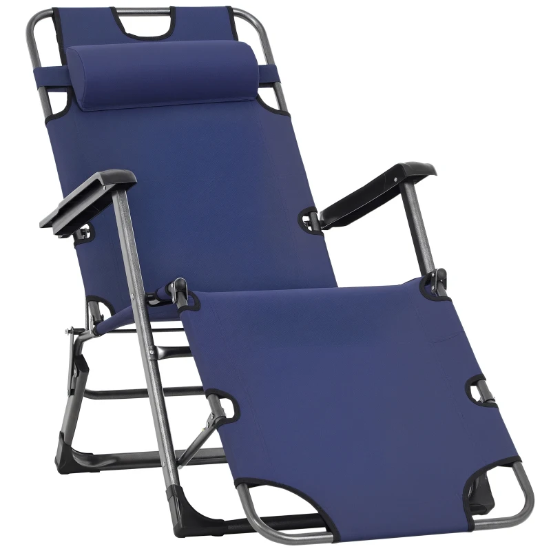Outsunny Folding Chaise Lounge Chair for Outside, 2-in-1 Tanning Chair with Pillow & Pocket, Adjustable Pool Chair for Beach, Patio, Lawn, Deck, Navy