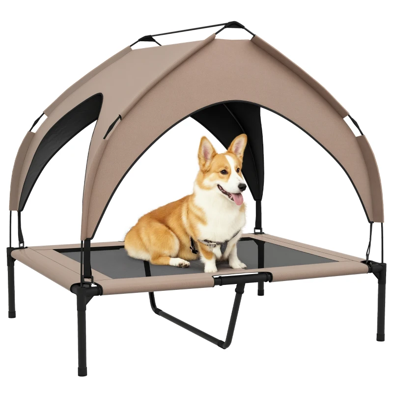 PawHut Raised Dog Bed Cooling Dog Cot w/ Canopy Washable Breathable Mesh, for Medium and Large Dogs, Coffee