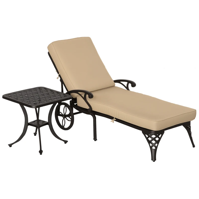 Outsunny Aluminum Adjustable Chaise Lounge Chair, Folding 4-Position Patio Recliner, Wheels, Armrests, Side Table, Cushion for Poolside, Backyard, Deck, Porch Garden, Beige