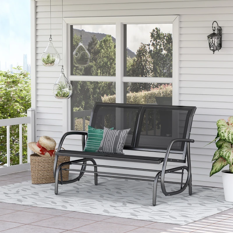 Outsunny Patio Double Glider Bench Swing Chair Rocker Heavy-Duty Loveseat Outdoor Garden Rocking Bench Steel Frame Sling Fabric Seat Black