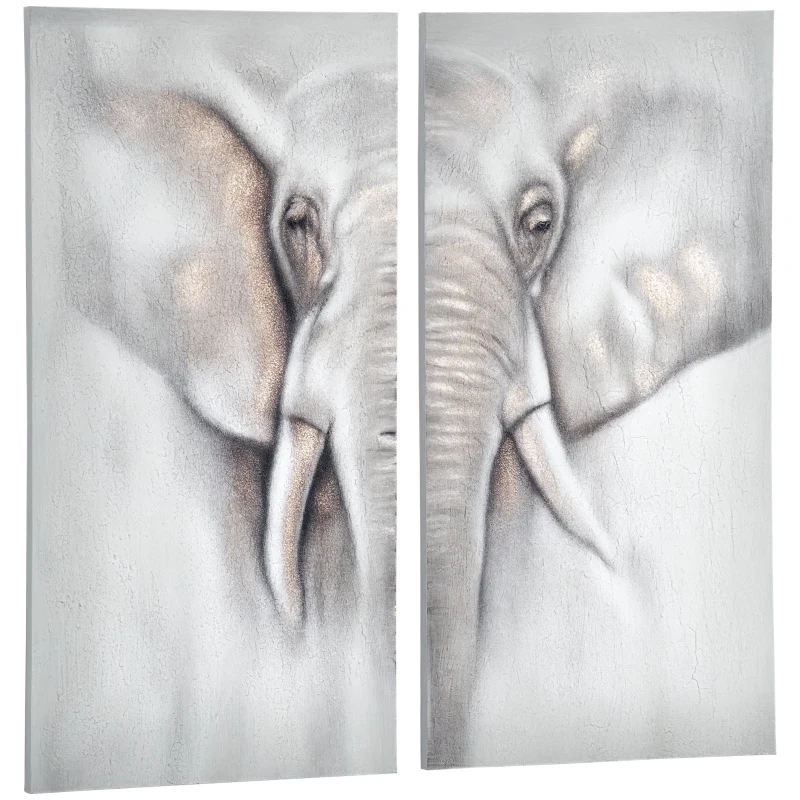 HOMCOM 2 Panel Elephant Art Hand-Painted Canvas Animal Wall Art Painting with Heavy Texture, for Living Room Bedroom Decor Grey, 47.25" x 47.25"