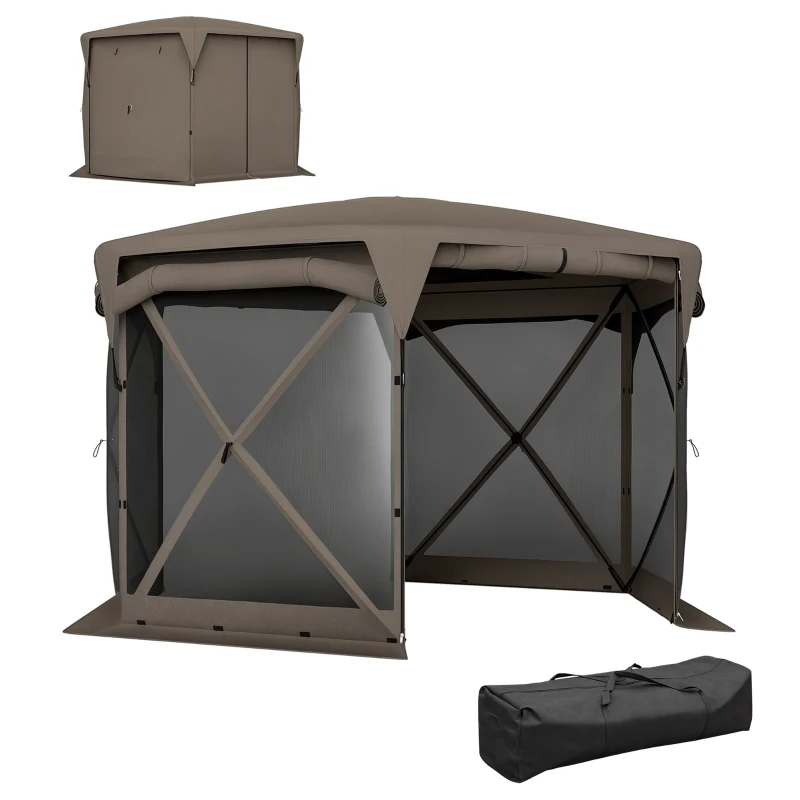 Outsunny 11 x 11ft Pop Up Gazebo Screen Tent with Removable Roof Cover, Roll-up Wind Panels for Camping, Backyard, Brown