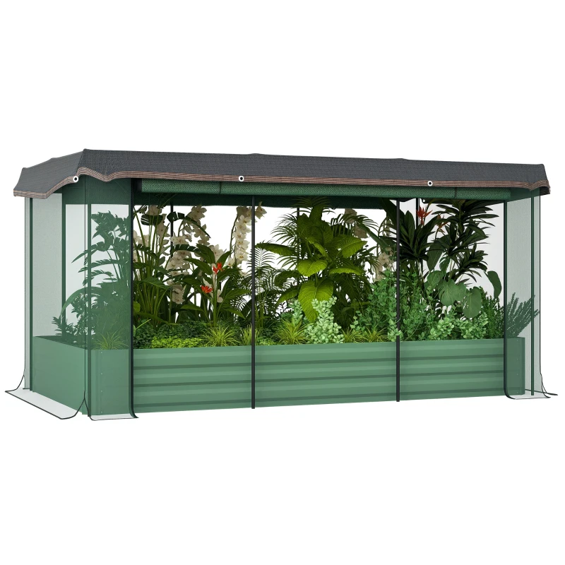 Outsunny Galvanized Steel Planter Box with Crop Cage and Shade Cloth, Raised Garden Bed for Flowers, Veggies and Herbs, Green