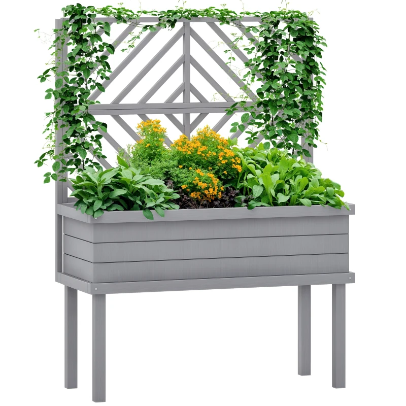 Outsunny Elevated Wood Planter with Trellis for Climbing Plants, Raised Garden Bed with Legs and Drainage Holes, Gray