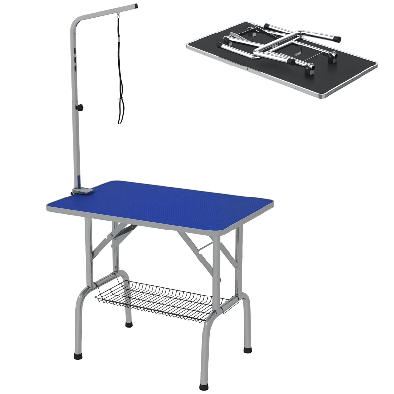 PawHut Foldable Grooming Table for Dogs with Height Adjustable Grooming Arm, Storage Shelf, Blue
