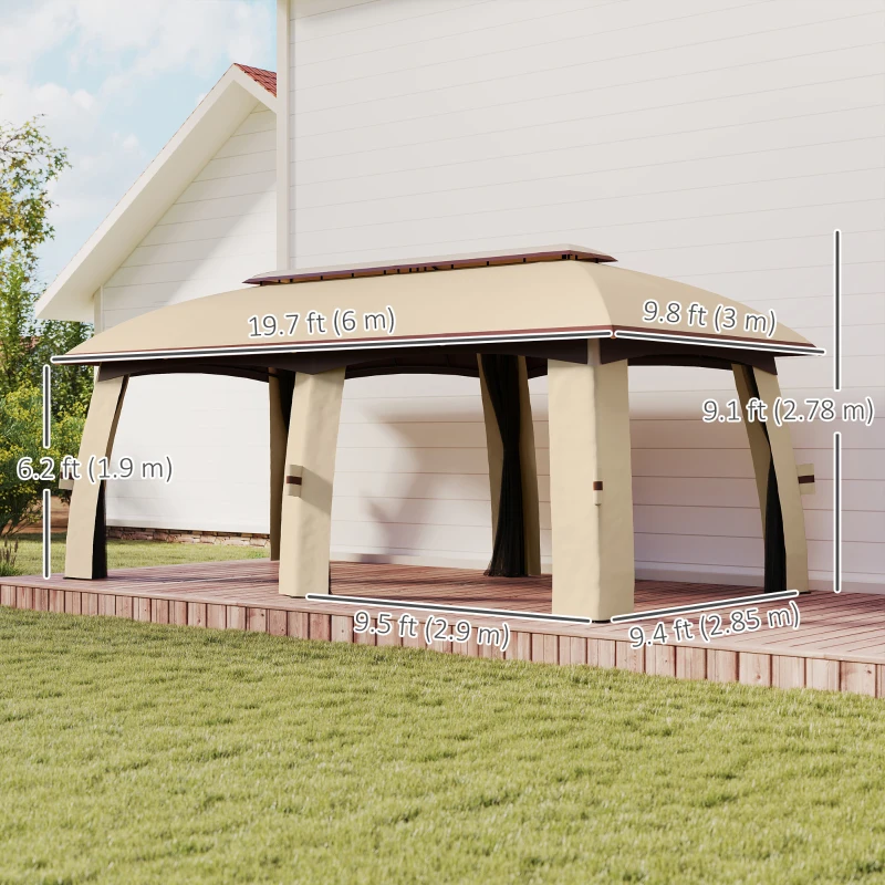 Outsunny 10' x 20' Patio Gazebo, Outdoor Gazebo Canopy Shelter with Netting, Vented Roof for Garden Beige