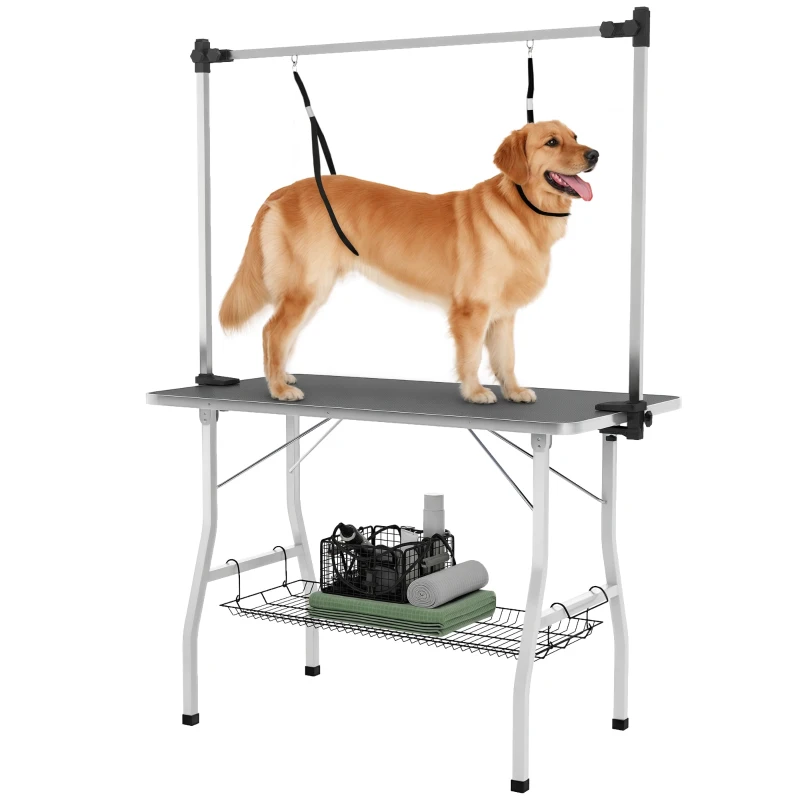 PawHut Foldable Dog Grooming Table with Adjustable Grooming Arms, Storage Shelf, Two Nooses, 42" x 24" x 61", Black