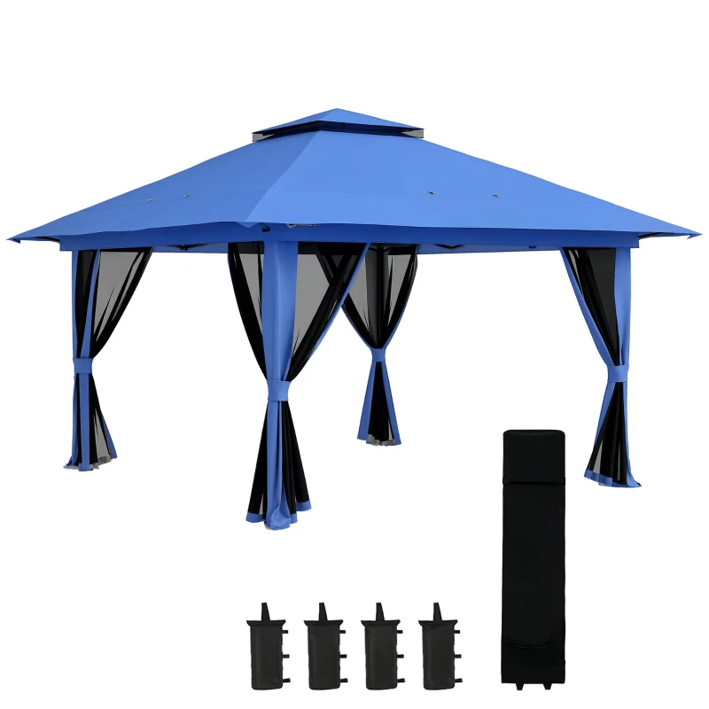 Outsunny 13' x 13' Pop Up Gazebo Instant Canopy Tent Shelter with 2-Tier Roof, Carry Bag, Wight Bags for Outdoor, Garden, Blue
