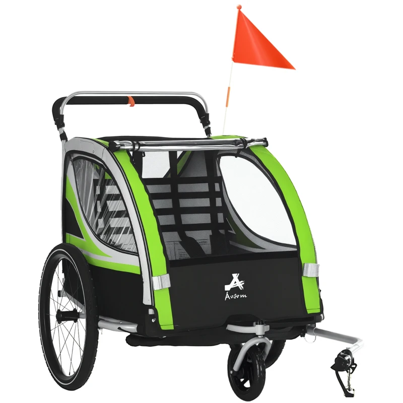 Aosom 3-in-1 Bike Trailer for Kids, Running Stroller with 2 Seats, Jogging Cart with 5-Point Harness, Storage Units, Green