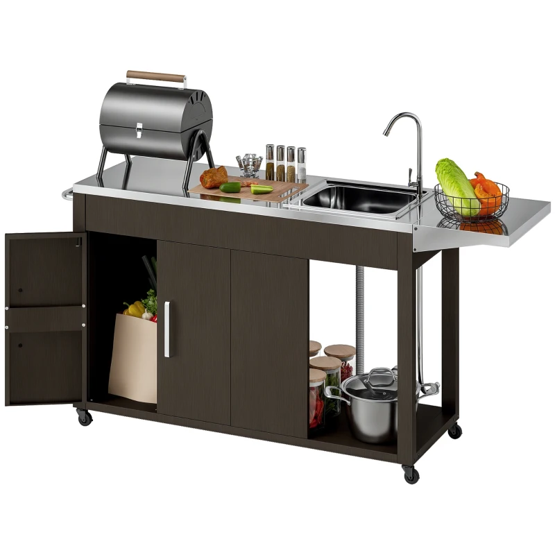 Outsunny Outdoor Grill Table with Stainless Steel Sink and Drainage, Grill Cart with Foldable Side Table and Cabinet, Outdoor Kitchen Island with Wheels, Distressed Brown