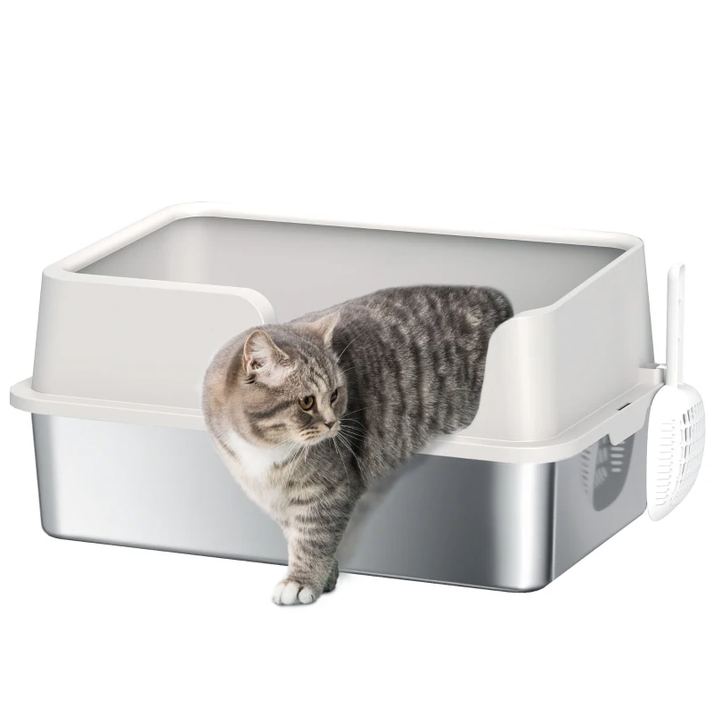 PawHut Stainless Steel Litter Box with High Side, Scoop, Easy Cleaning & Anti-Urine Leakage, for Big Cats, Light Gray
