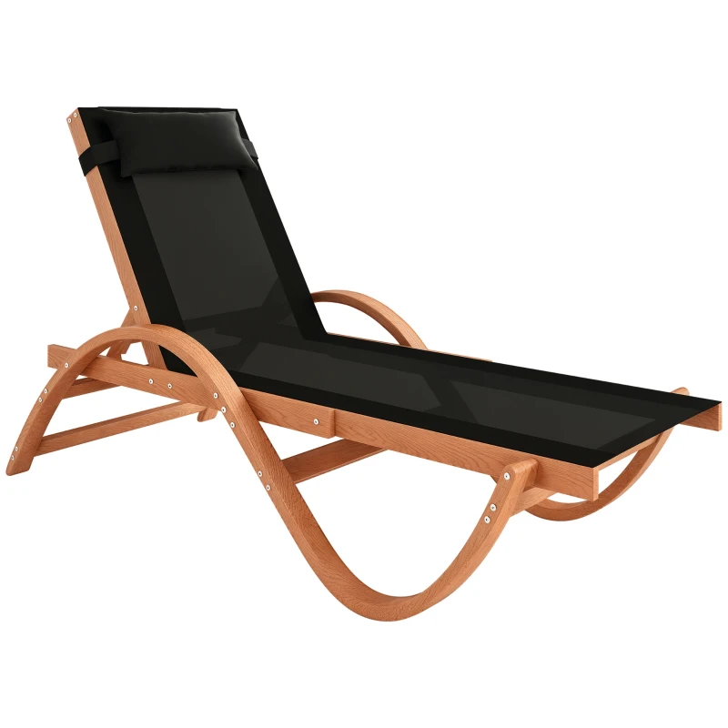 Outsunny Larch Wood Lounge Chair, 4-Level Adjustable Tanning Chair, Full Flat Patio Lounger with Mesh Seat, Black