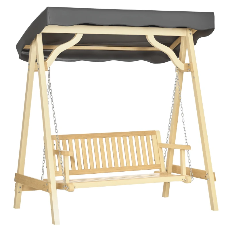 Outsunny Wooden Porch Swing Bench, 2-Seater Outdoor Swing Glider with Adjustable Canopy, Adjustable Hanging Chains, A-Frame, for Garden, Poolside, Backyard, Gray