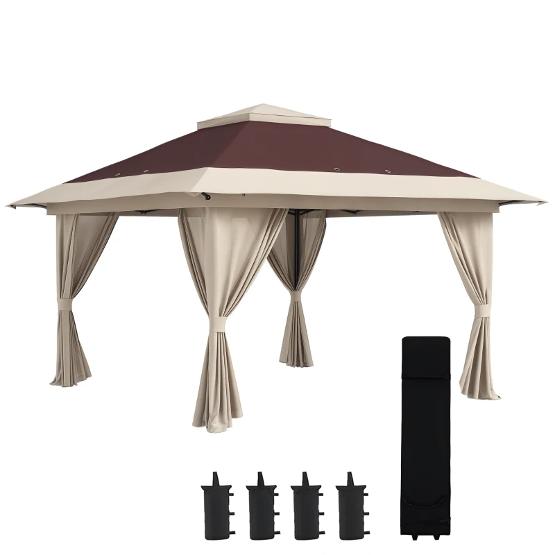 Outsunny 13' x 13' Pop Up Gazebo Instant Canopy Tent Shelter with 2-Tier Roof, Carry Bag, Wight Bags for Outdoor, Garden, Brown