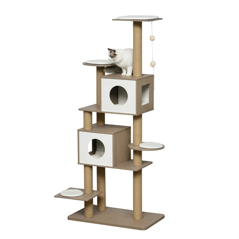 PawHut 69.75" Wood Cat Tree, Cat Condo Tower with Scratching Post, Toy Ball for Indoor Cats, Light Grey