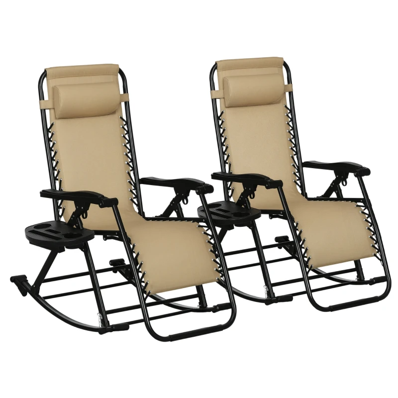 Outsunny 2 Outdoor Rocking Chairs Foldable Reclining Zero Gravity Lounge Rockers w/ Pillow Cup & Phone Holder, Beige