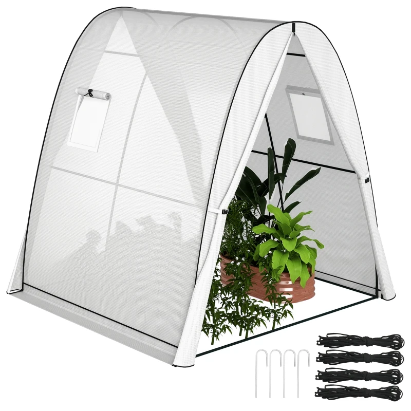 Outsunny Tunnel Hoop House Greenhouse with Sandbags and Hemmed PE Cover, 2 Doors and Screen Windows, 6' x 6' x 6.6', White