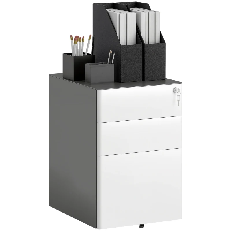 Vinsetto 3 Drawer Filing Cabinet, Home Office Storage Cabinet with Wheels, Lock for A4, Letters, Legal-sized Files, Grey and White